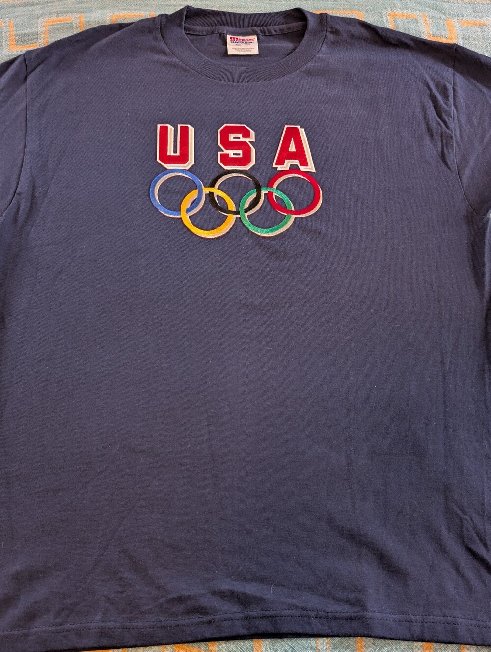 USA Olympic Rings T-Shirt Navy w Red Print Size L